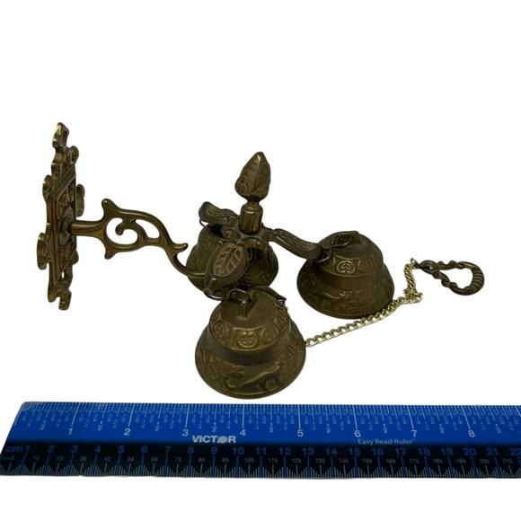 Brass Wall-Mounted Triple Bell Set Ornate Design Chain Pull Vintage Monastery - Picture 15 of 16